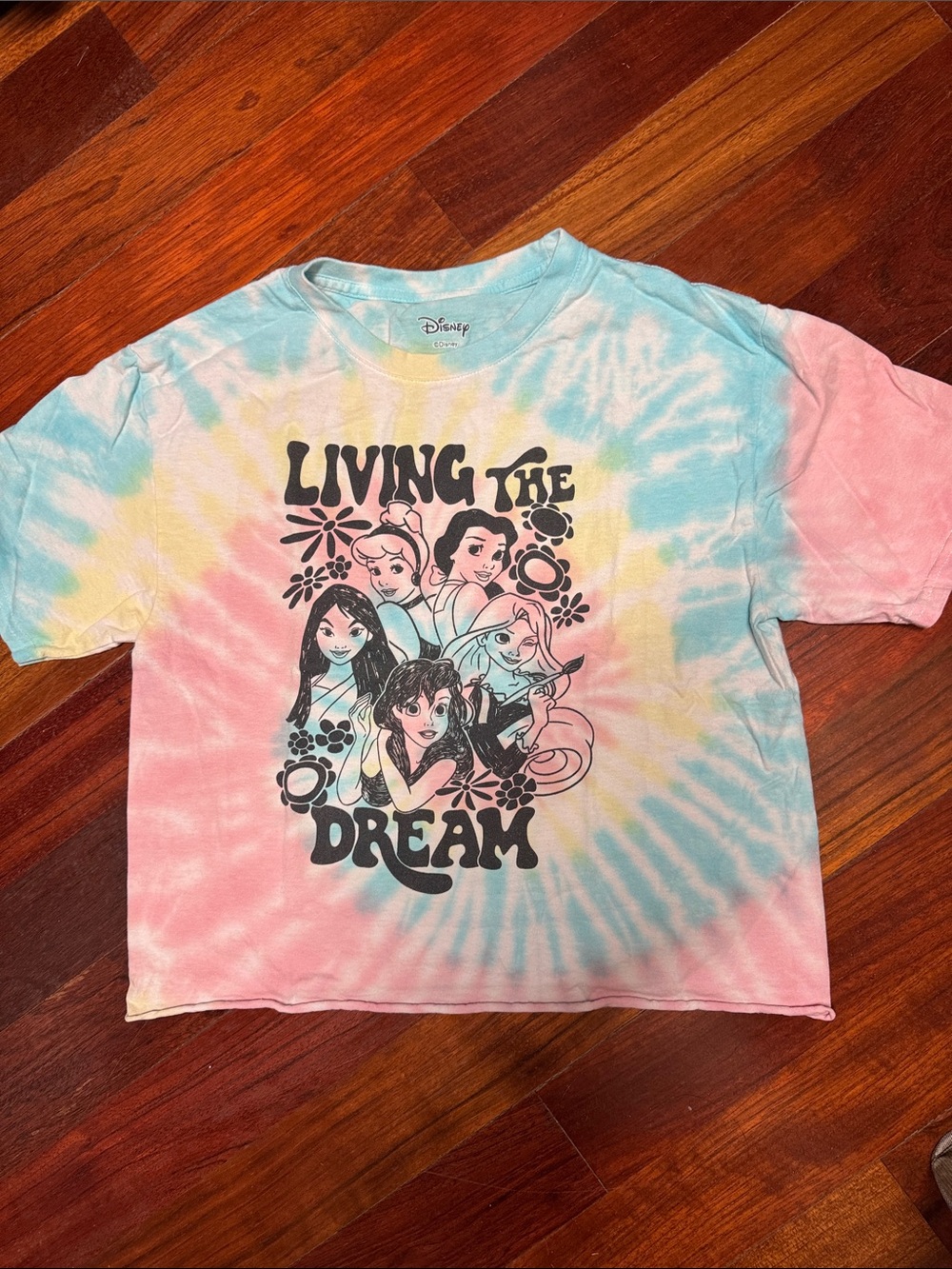 Cropped Disney Pastel Tie-Dye "Living The Dream" Princess Tee - Pink/Blue/Yellow